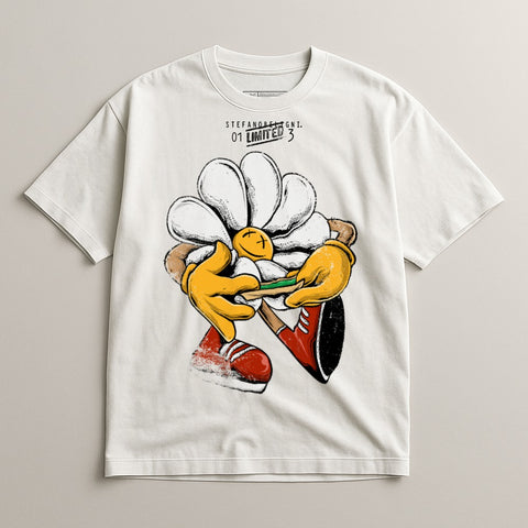 Unique Graphic White T-Shirt With Cartoon Flower Design