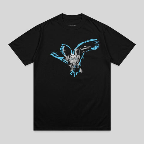 Black t-shirt with a graphic of a blue and white owl in flight.