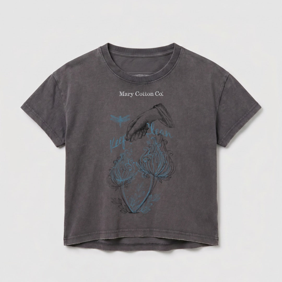 Dark grey t-shirt with "Mary Cotton Co." and blue floral graphic.