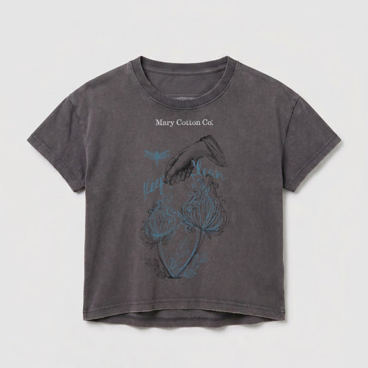 Dark grey t-shirt with "Mary Cotton Co." and blue floral graphic.