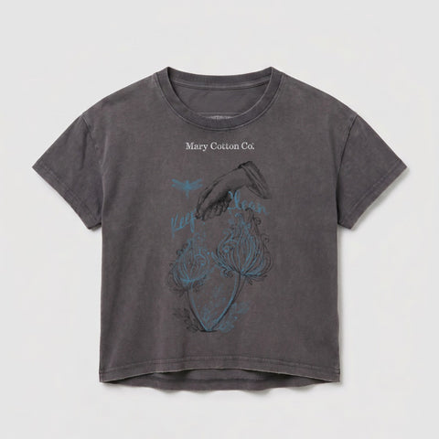 Dark grey t-shirt with "Mary Cotton Co." and blue floral graphic.