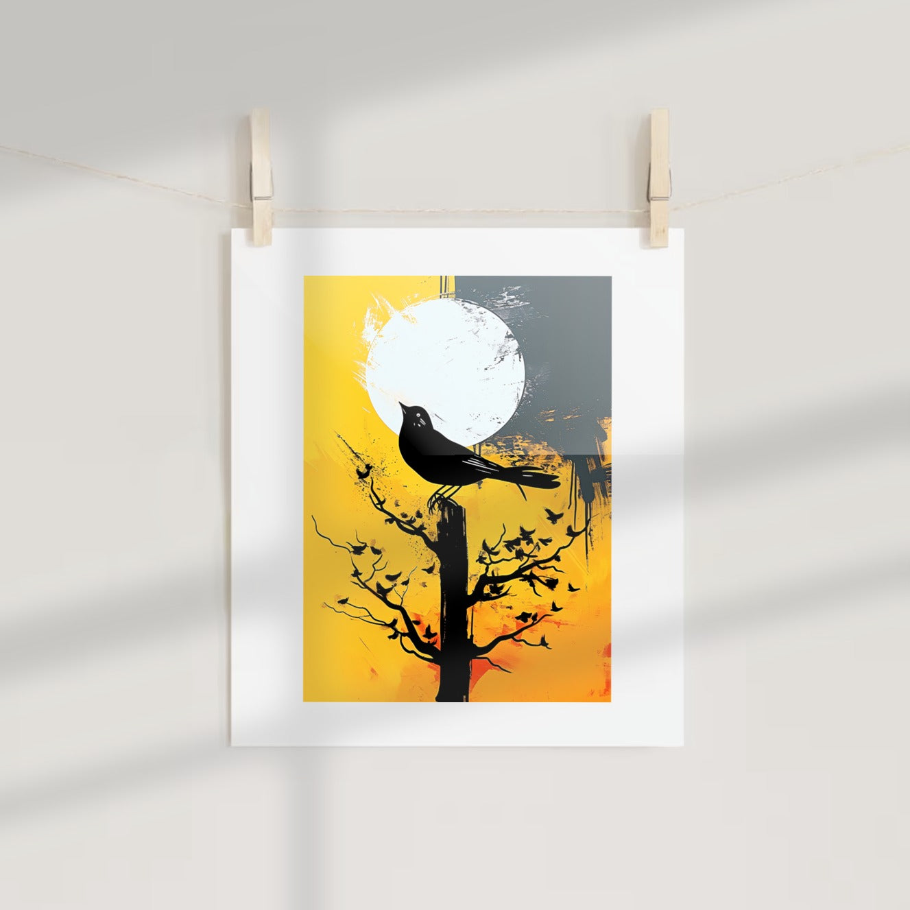Black Bird on Tree with Moon Artistic Print Poster