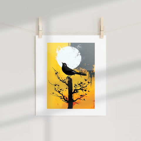Black Bird on Tree with Moon Artistic Print Poster
