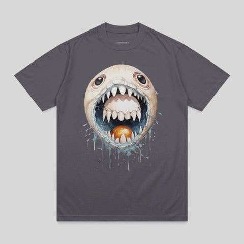 T-shirt with a cartoon monster face with sharp teeth and an orange orb.