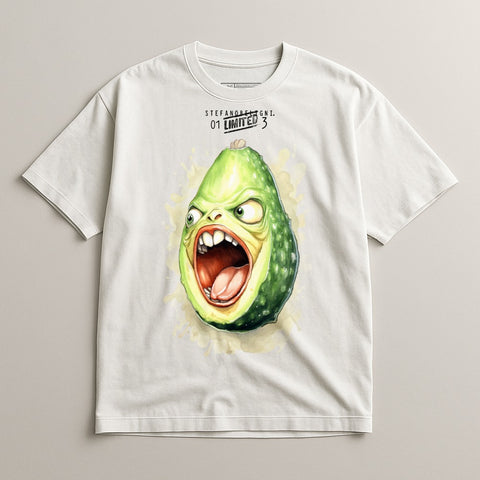 T-shirt with cartoon avocado character with wide eyes and open mouth.