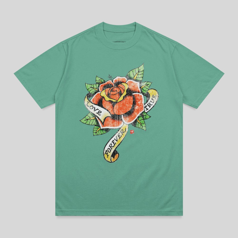 Green t-shirt with red rose tattoo graphic and banner reading "Love Forever True".