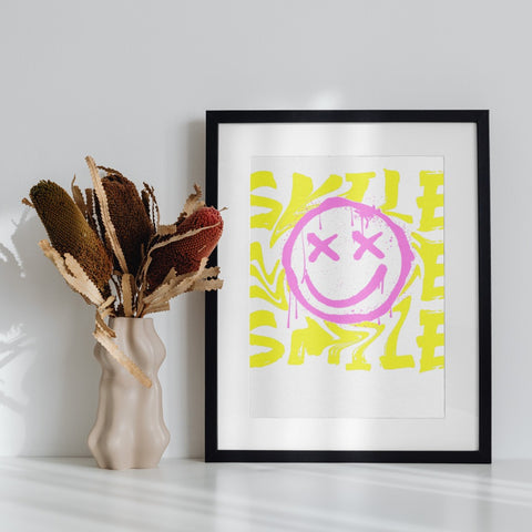 Vibrant Abstract Art Print With Smiley Face Design