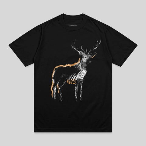 Black t-shirt with a sketch of a deer with orange accents.