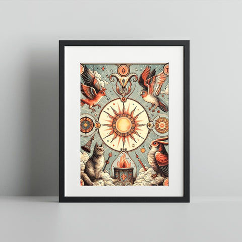 Mystical Sun and Animal Illustration Framed Art Print