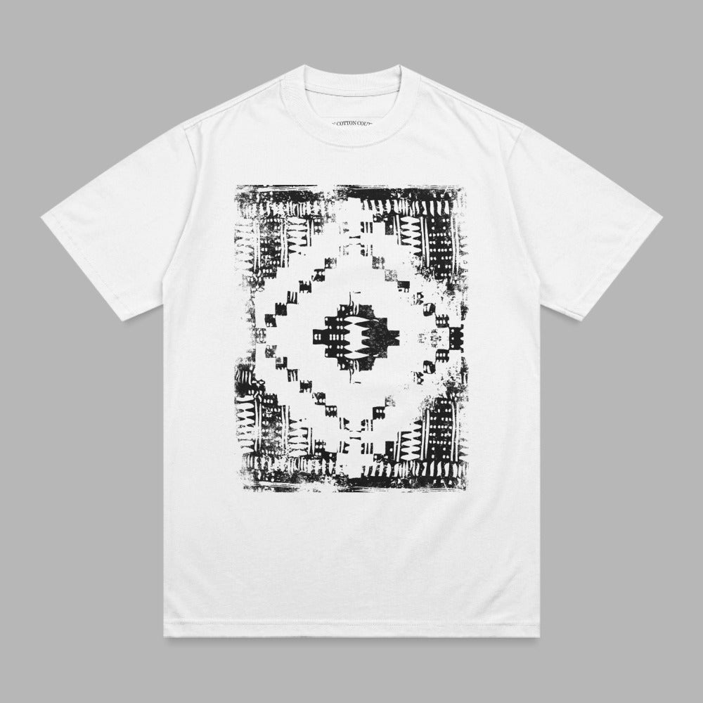 White t-shirt with a black geometric pattern design on the chest.