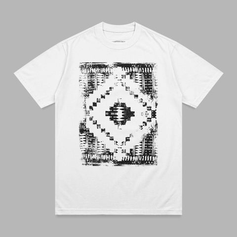 White t-shirt with a black geometric pattern design on the chest.