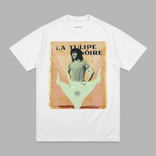 White t-shirt featuring a graphic with "La Tulipe Noire" and a person in a split.