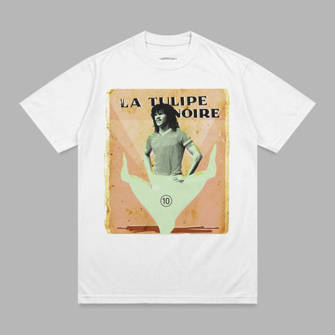 White t-shirt featuring a graphic with "La Tulipe Noire" and a person in a split.