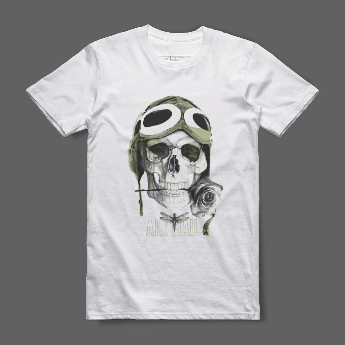 Skull wearing aviator helmet printed white shirt