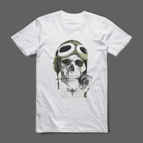 Skull wearing aviator helmet printed white shirt