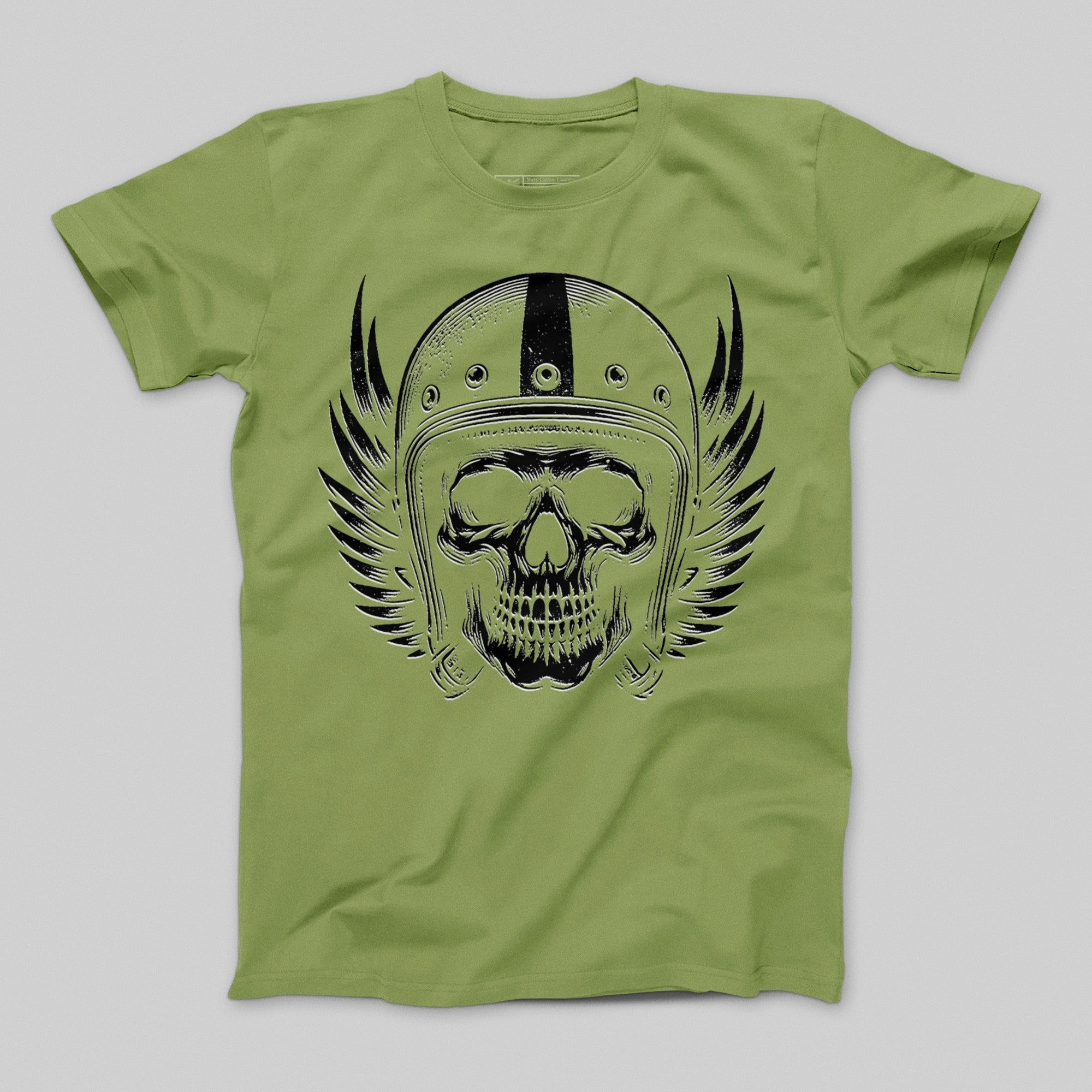 Skull with Helmet and Wings on Green T-Shirt