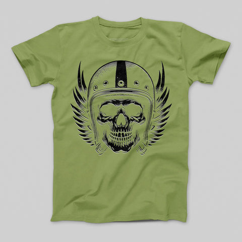 Skull with Helmet and Wings on Green T-Shirt