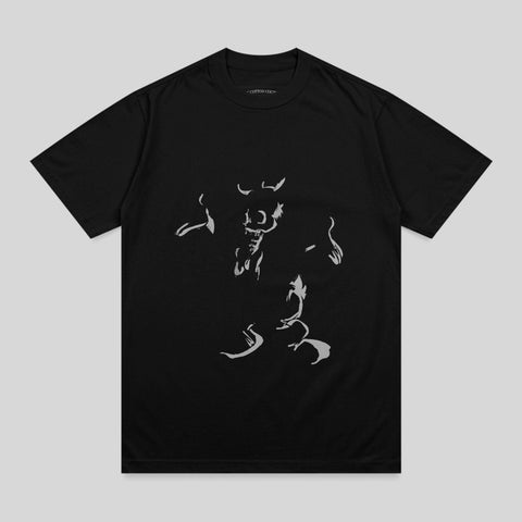 Black t-shirt with a gray graphic of a monstrous figure.