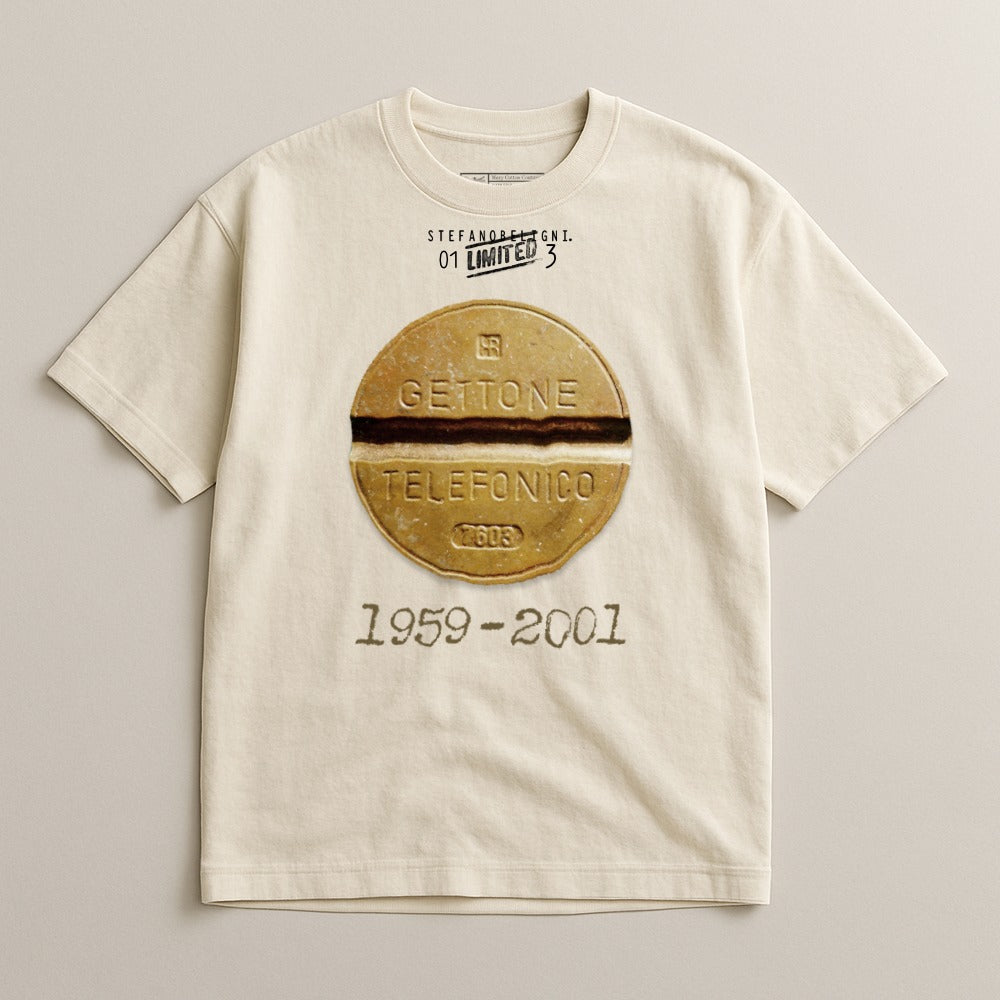 Cream t-shirt with "GETTONE TELEFONICO 1959-2001" printed on a coin graphic.