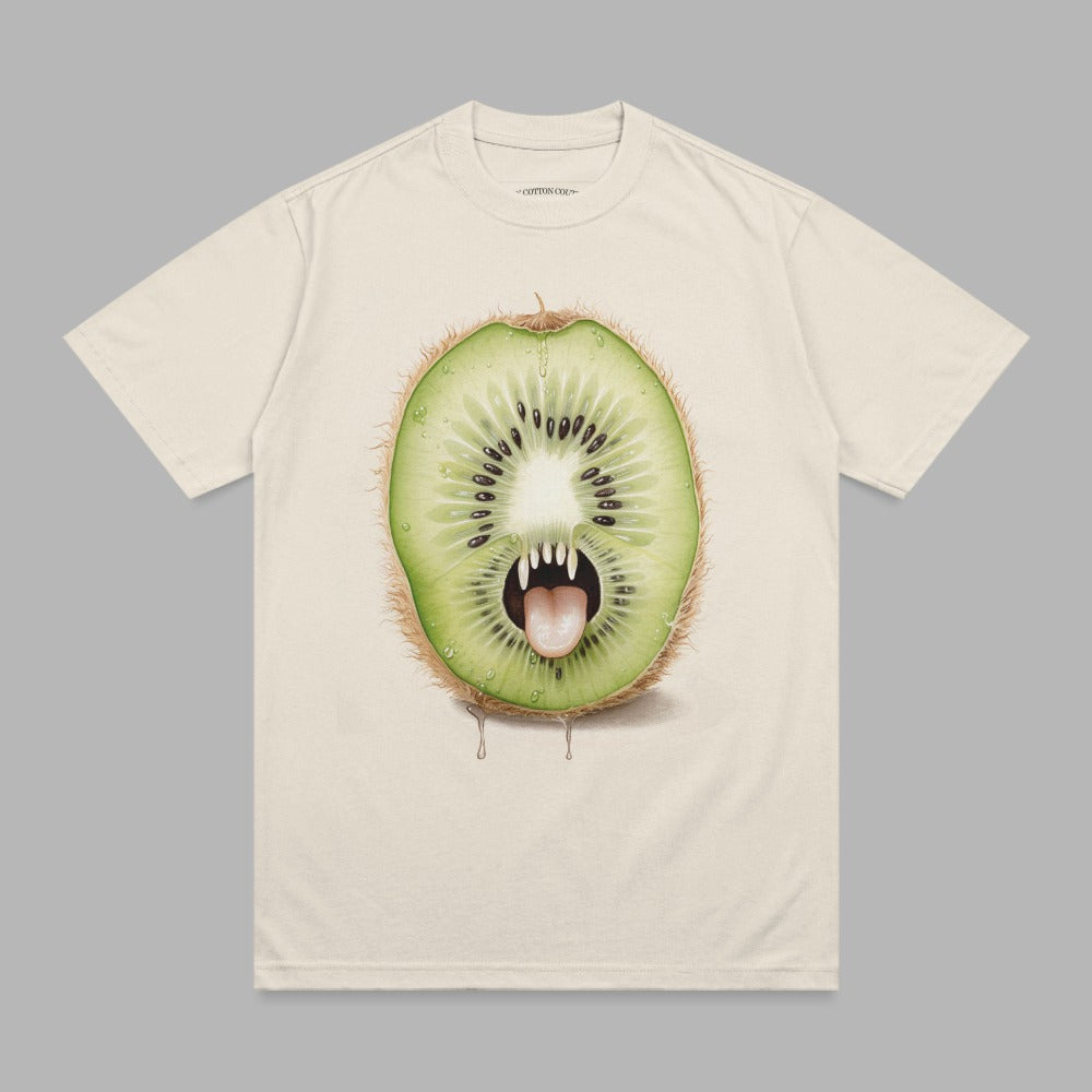 Kiwi fruit character with fangs and tongue, dripping on a t-shirt.