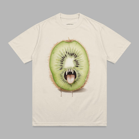 Kiwi fruit character with fangs and tongue, dripping on a t-shirt.