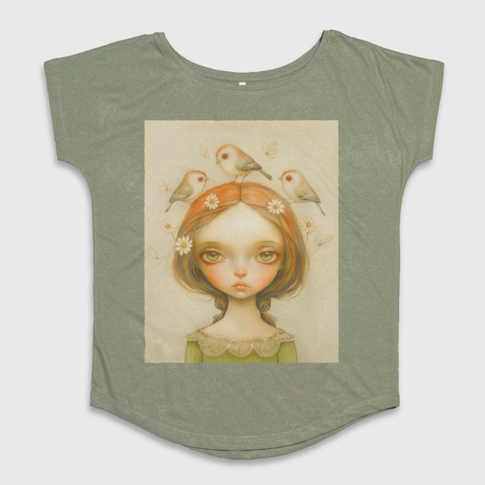 Whimsical Girl with Birds Illustration Graphic Tee