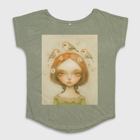 Whimsical Girl with Birds Illustration Graphic Tee