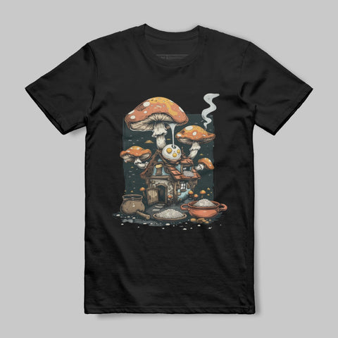 Whimsical Mushroom Cottage Art T Shirt Fantasy Design
