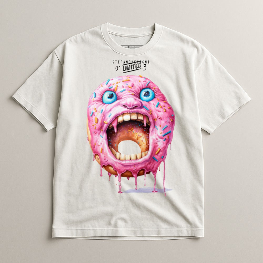 White t-shirt with a terrifying pink donut with wide eyes and open mouth.