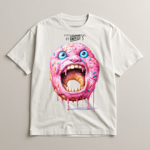 White t-shirt with a terrifying pink donut with wide eyes and open mouth.