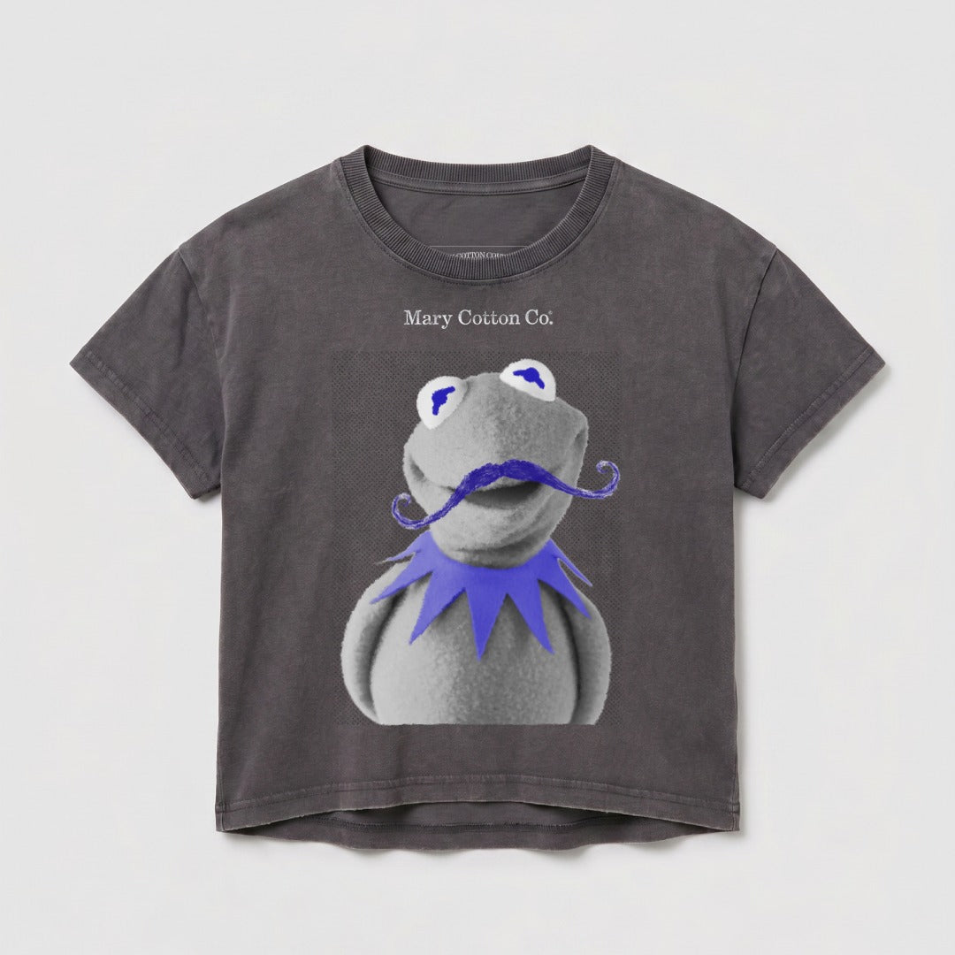 Kermit the Frog wearing a blue mustache on a grey t-shirt.