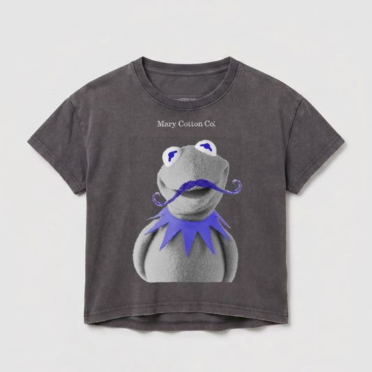 Kermit the Frog wearing a blue mustache on a grey t-shirt.