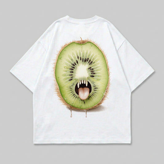 White t-shirt with a sliced kiwi fruit monster graphic.