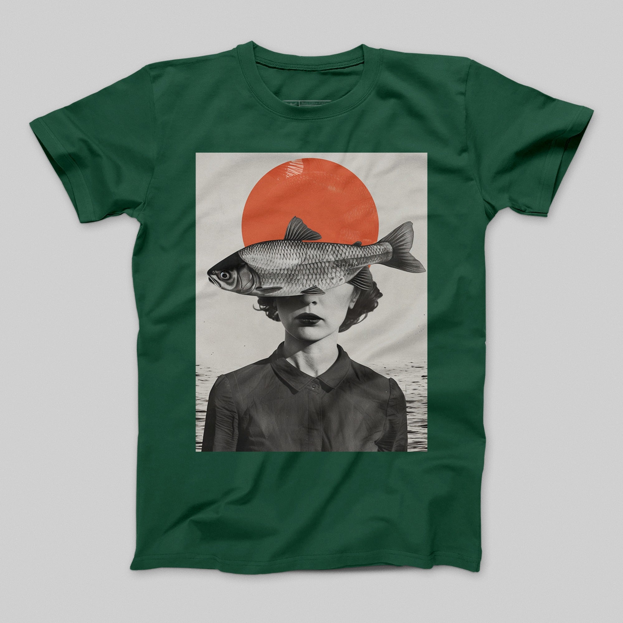 Surreal Woman with Fish and Red Sun Graphic T-Shirt