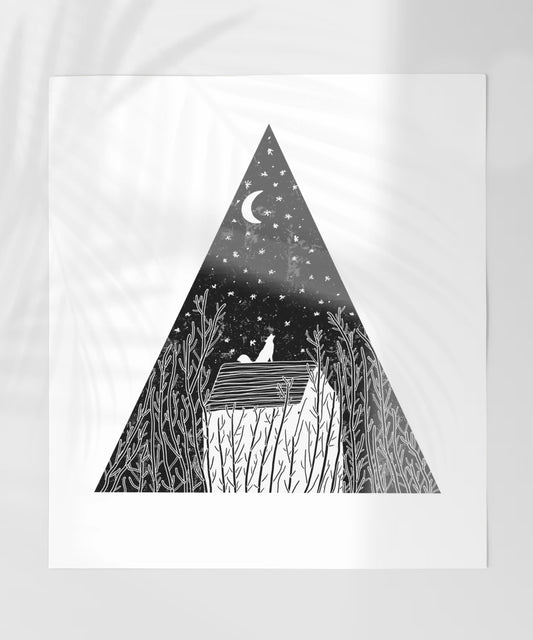 Night Sky with House and Wolf Art Print Poster