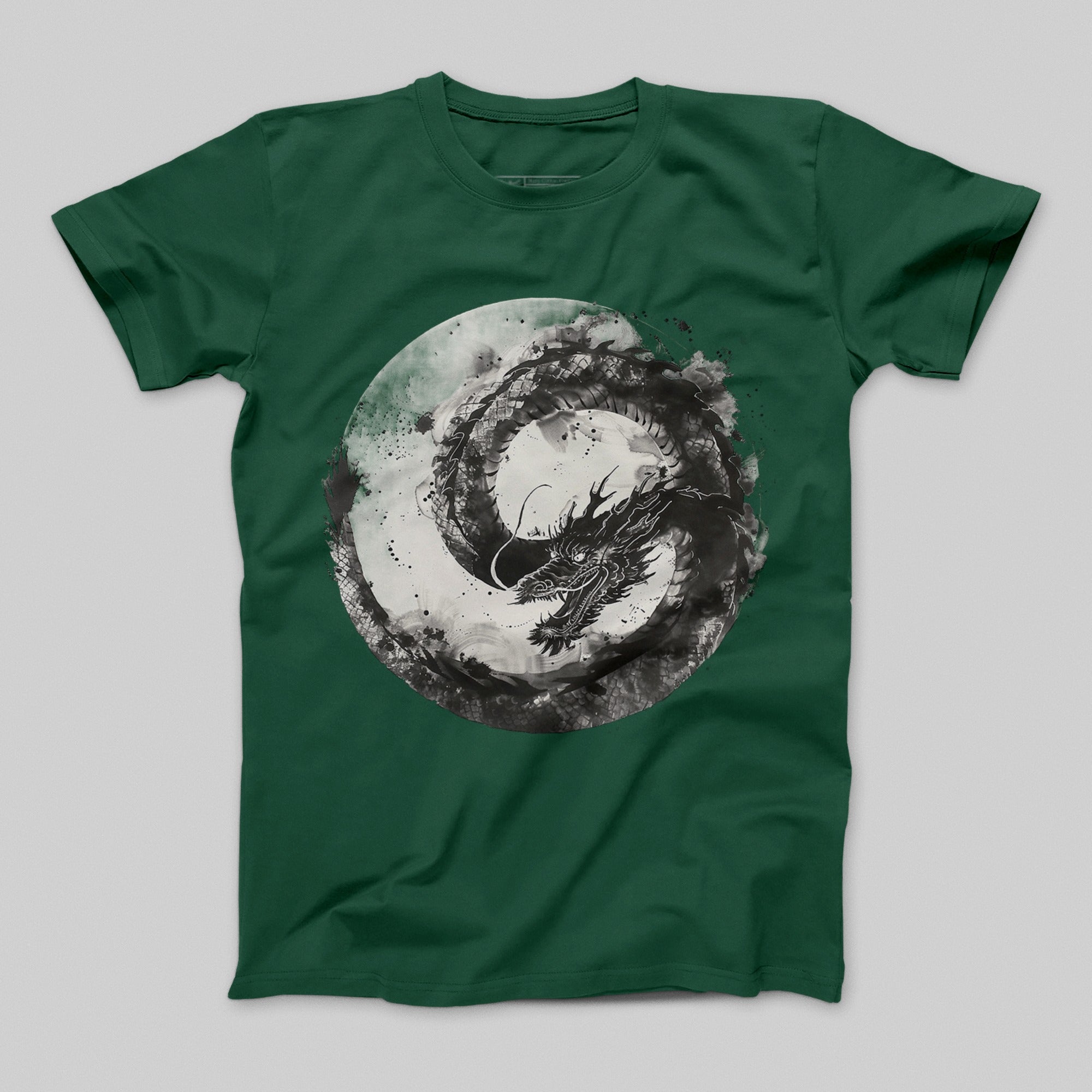 Dragon Circle Artistic Graphic Printed Green T-Shirt