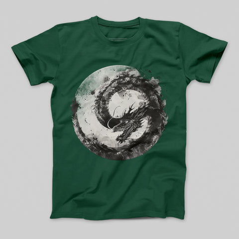 Dragon Circle Artistic Graphic Printed Green T-Shirt