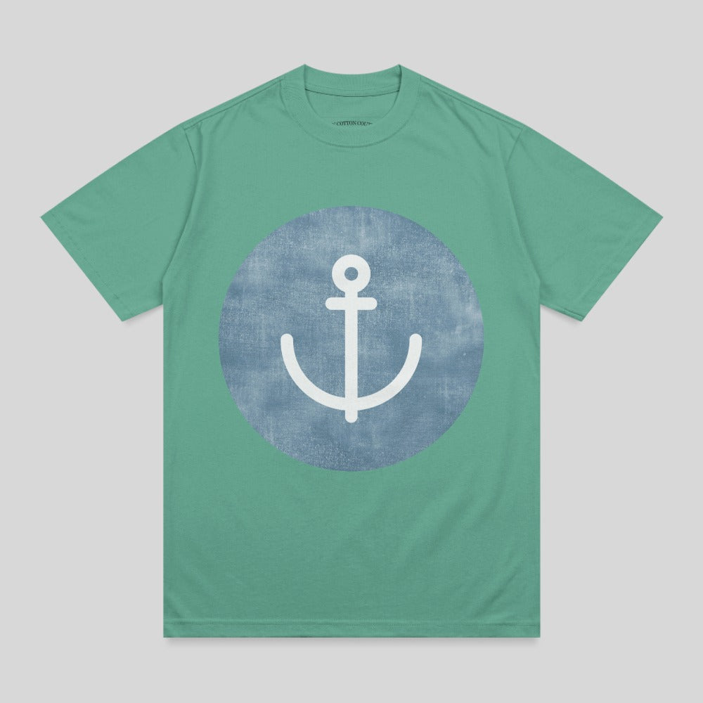 Teal t-shirt with a white anchor graphic on a distressed blue circle.