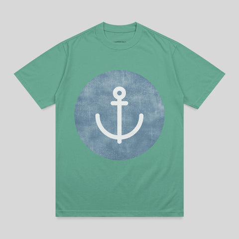 Teal t-shirt with a white anchor graphic on a distressed blue circle.