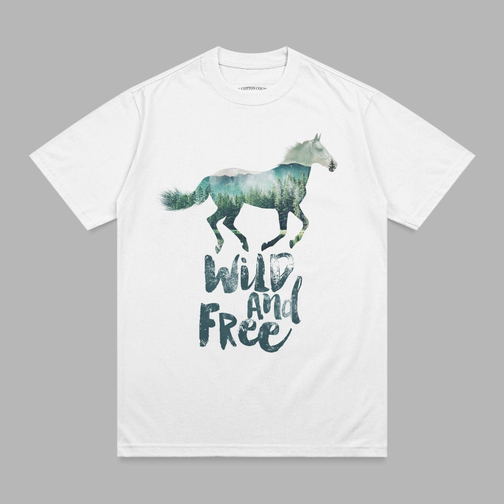 White t-shirt with running horse and "Wild and Free" text design.