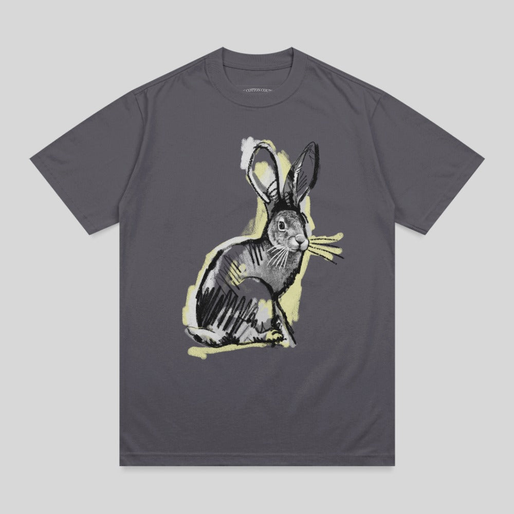 Charcoal gray t-shirt with a sketchy white rabbit illustration.