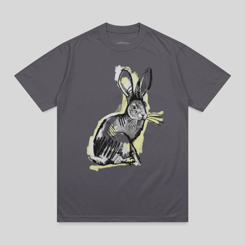 Charcoal gray t-shirt with a sketchy white rabbit illustration.