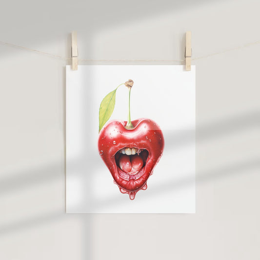 Surreal Cherry Art Print with Mouth Design Poster