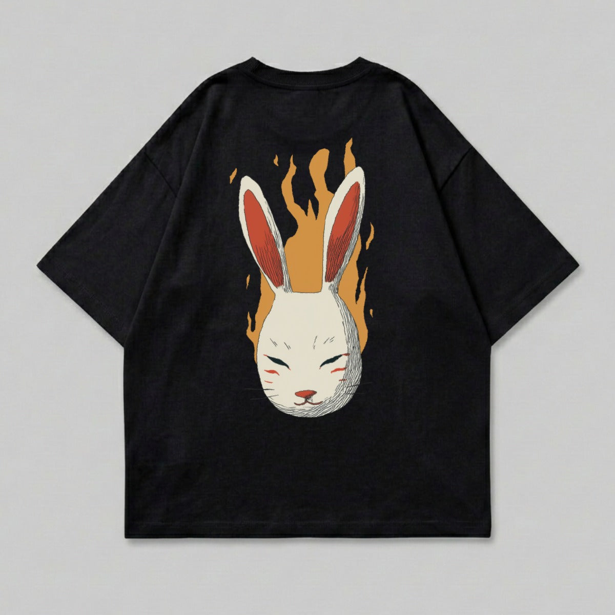 Mystical rabbit mask flame print black t-shirt product type