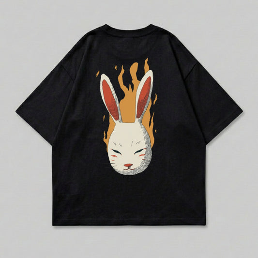 Mystical rabbit mask flame print black t-shirt product type