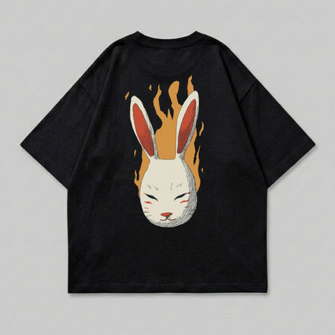 Mystical rabbit mask flame print black t-shirt product type