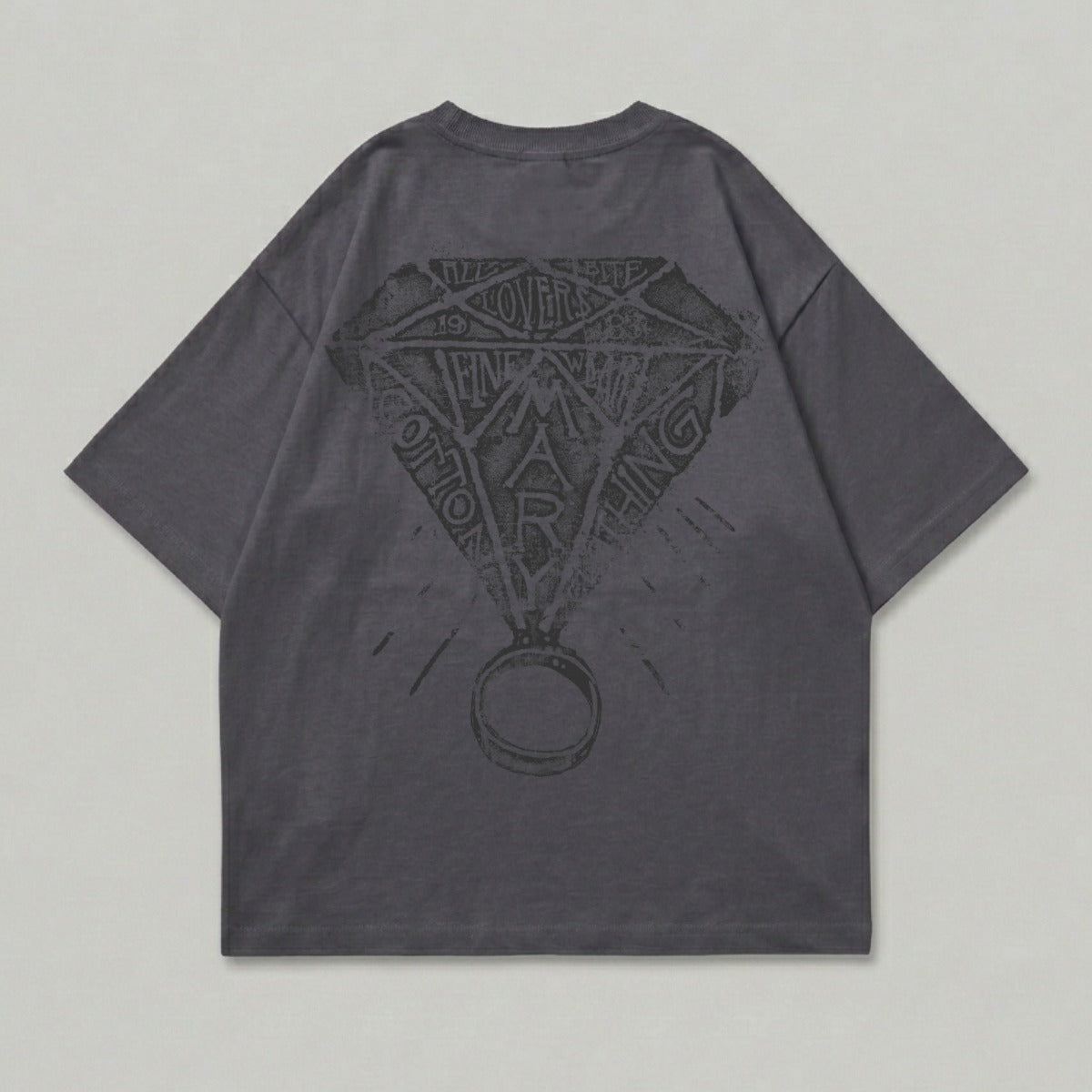 Dark grey t-shirt with diamond graphic and ring on back.