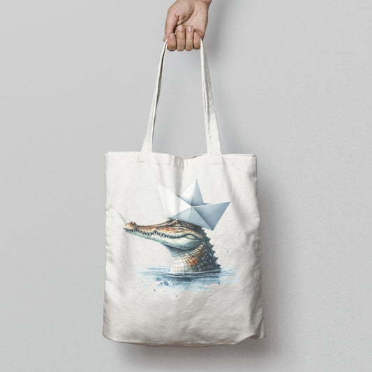 Crocodile in Origami Boat Art Design Tote Bag