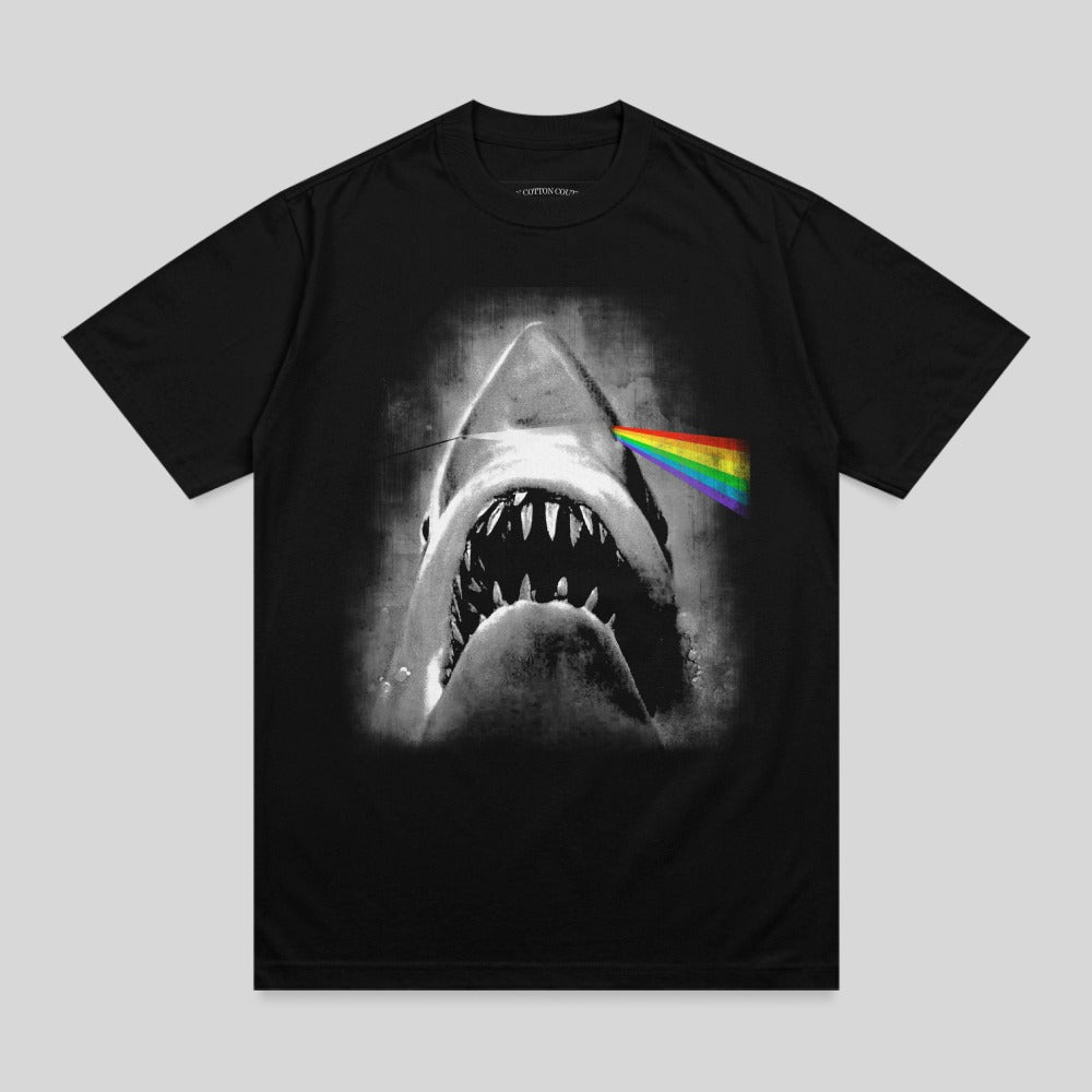 Black t-shirt with a shark's head and a rainbow prism.