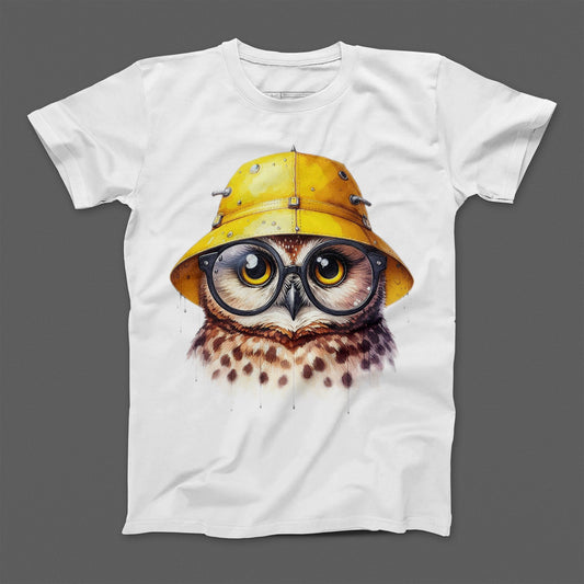 Owl Wearing Yellow Hat and Glasses Graphic T-shirt